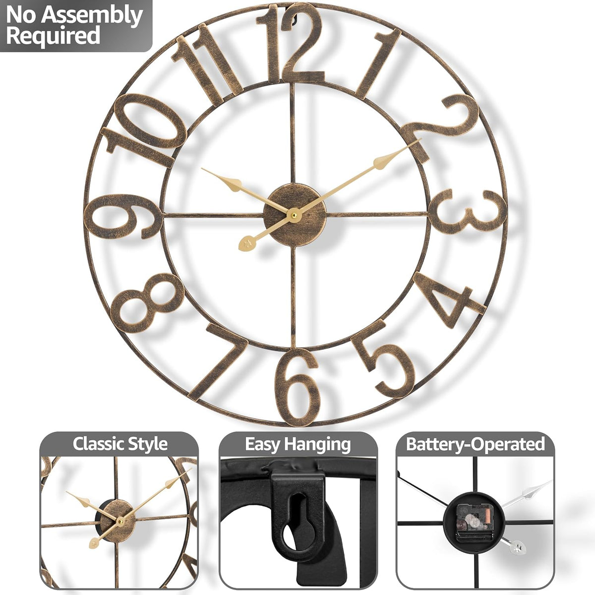 Sorbus Large Wall Clock, Metal Frame, Battery Powered (24 Inch, Bronze)