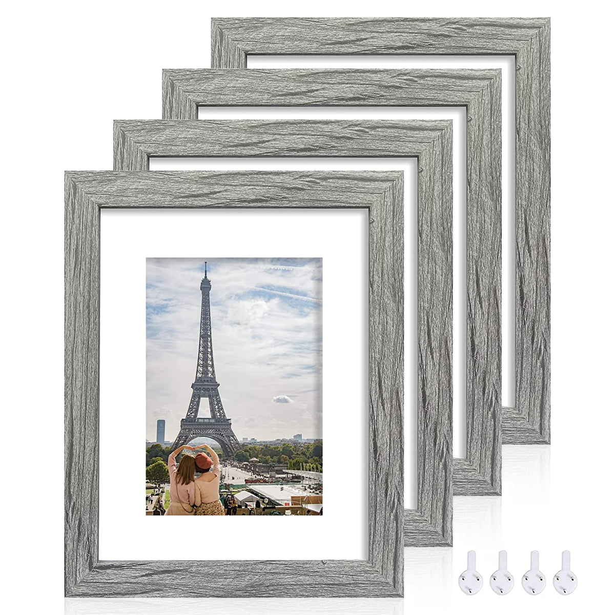 Hongkee 5x7 Picture Frame Set of 4, Real Glass and Wooden Frame, 4x6 Mat