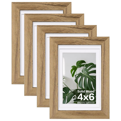 Egofine 11x14 Picture Frames 4 Pack Display Pictures 5x7/8x10 with Mat or 11x14 Without Mat Made of Solid Wood Covered by Plexiglass for Table Top Display and Wall Mounting Photo Frame, Light Brown