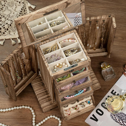 Miratino Jewelry Boxes for Women, 5 Layer Large Wooden Jewelry Organizer Box with Lock, Mirror & Drawers, Jewelry Boxes & Organizers for Necklaces Earrings Rings Bracelets (Rustic Brown)