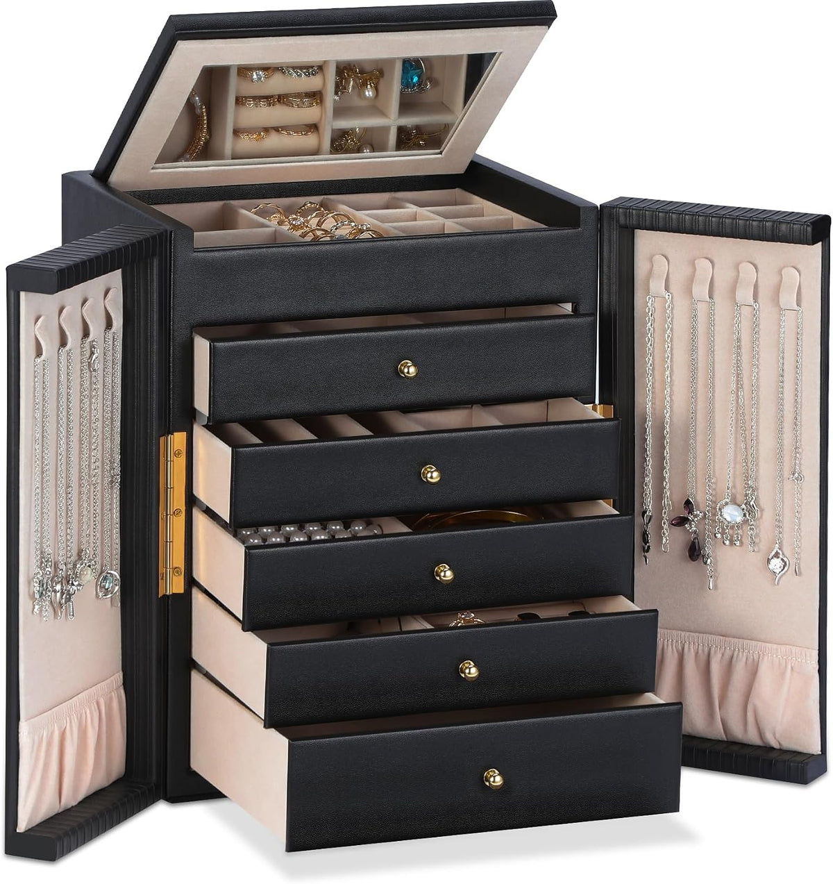 Dajasan Large Jewelry Organizer Box, 6-Tier Jewelry Storage Case with 5 Drawers, Jewelry Boxes for Women Girls with Mirror, Double Door, Textured PU Leather, Gift Idea, Stylish (Black + Gold)