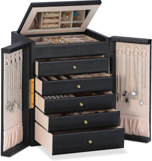 Dajasan Large Jewelry Organizer Box, 6-Tier Jewelry Storage Case with 5 Drawers, Jewelry Boxes for Women Girls with Mirror, Double Door, Textured PU Leather, Gift Idea, Stylish (Black + Gold)