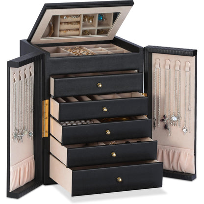 Dajasan Large Jewelry Organizer Box, Jewelry Boxes for Women Girls, 6-Tier Jewelry Storage Organizer with Mirror for Necklace Ring Bracelet Watch, Gift Idea (Beige)