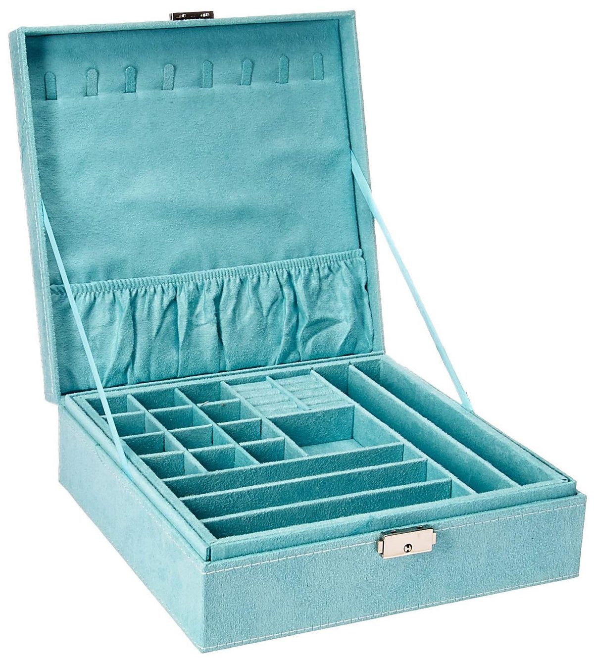 Two-Layer lint Jewelry Box Organizer Display Storage case with Lock (Blue)