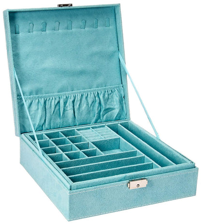 Two-Layer lint Jewelry Box Organizer Display Storage case with Lock (Blue)