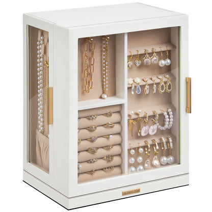 Glimmloop 360° Rotating Jewelry Box with 7 Drawers, Spacious Vertical Jewelry Organizer with Glass Window, Jewelry Storage Case, Dustproof & Moisture-resistant Design, White