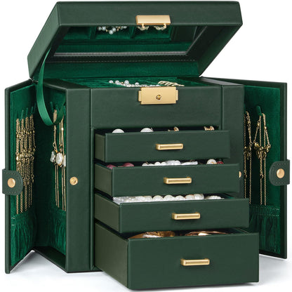 TORIBIO Jewelry Box for Women, Leather Jewelry Organizer with Mirror & Lock, 3-Tier Jewelry Storage Organizer with 2 Drawers for Girls/Women/Mothers, Necklace Earring Bracelets Holder Organizer