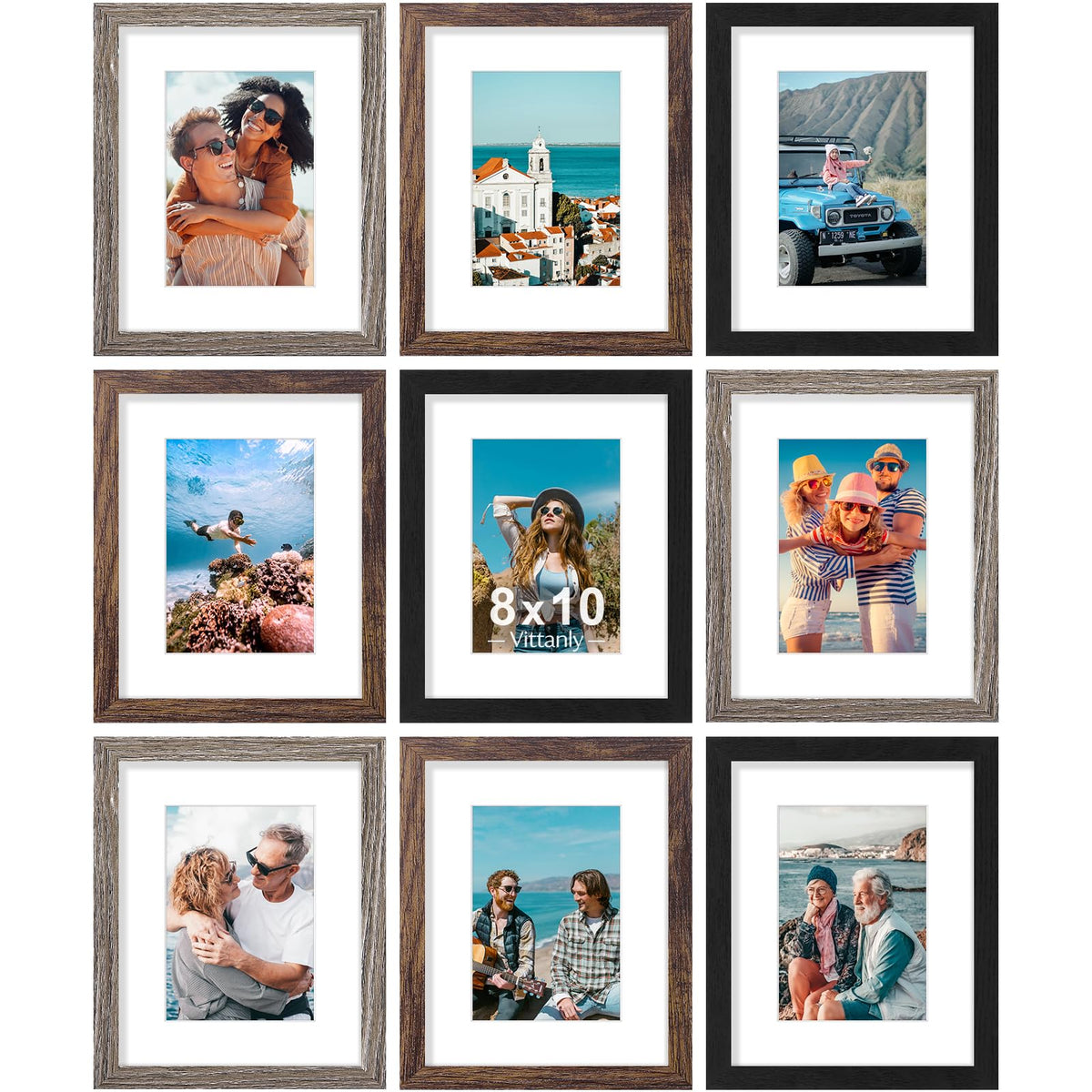 Vittanly 8x10 Picture Frames Set of 9 for Wall or Tabletop Display, Black