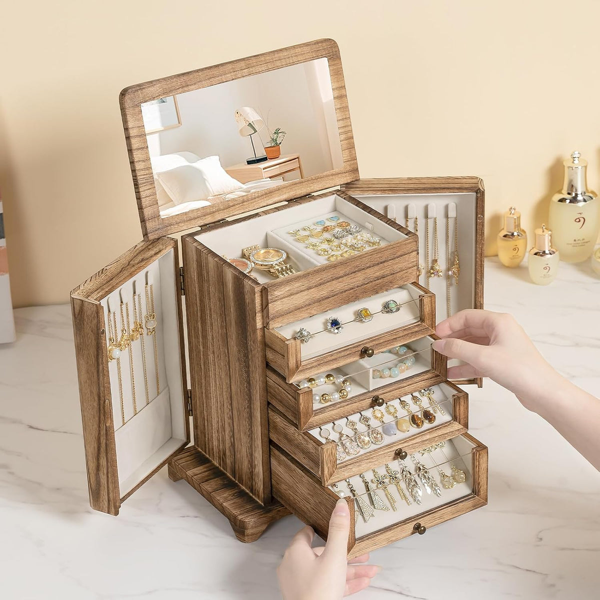 Jewelry Box for Women，Wooden Jewelry Box with 4 Clear Drawers Rustic Brown
