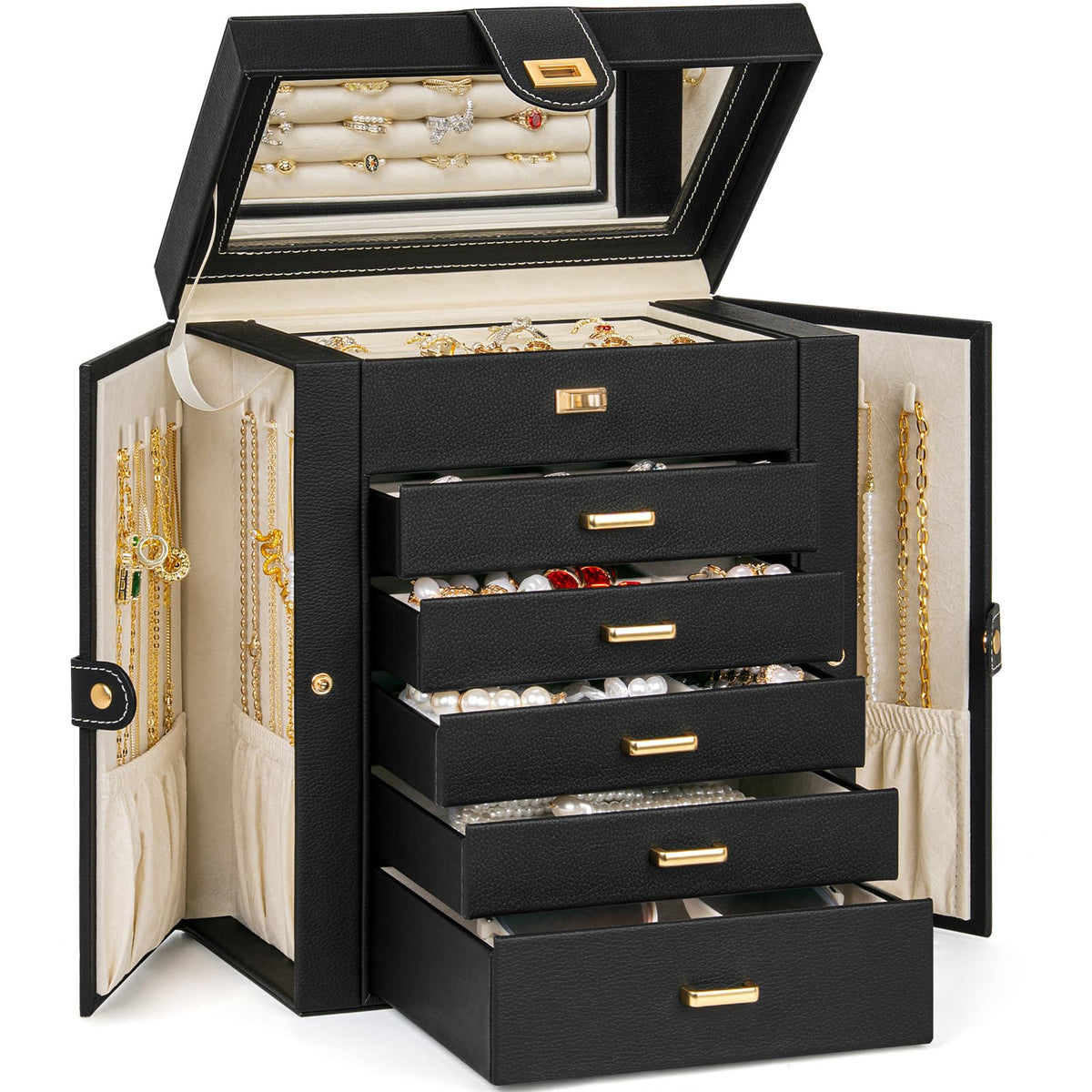 AKOZLIN 6-Tier Jewelry Box Organizer 5 Drawers Storage Black Regular