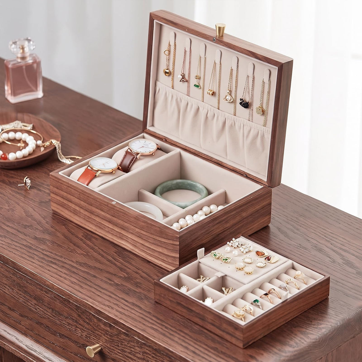 Black Walnut Wooden Women Jewelry Box with Glass Lid, 3 Layer