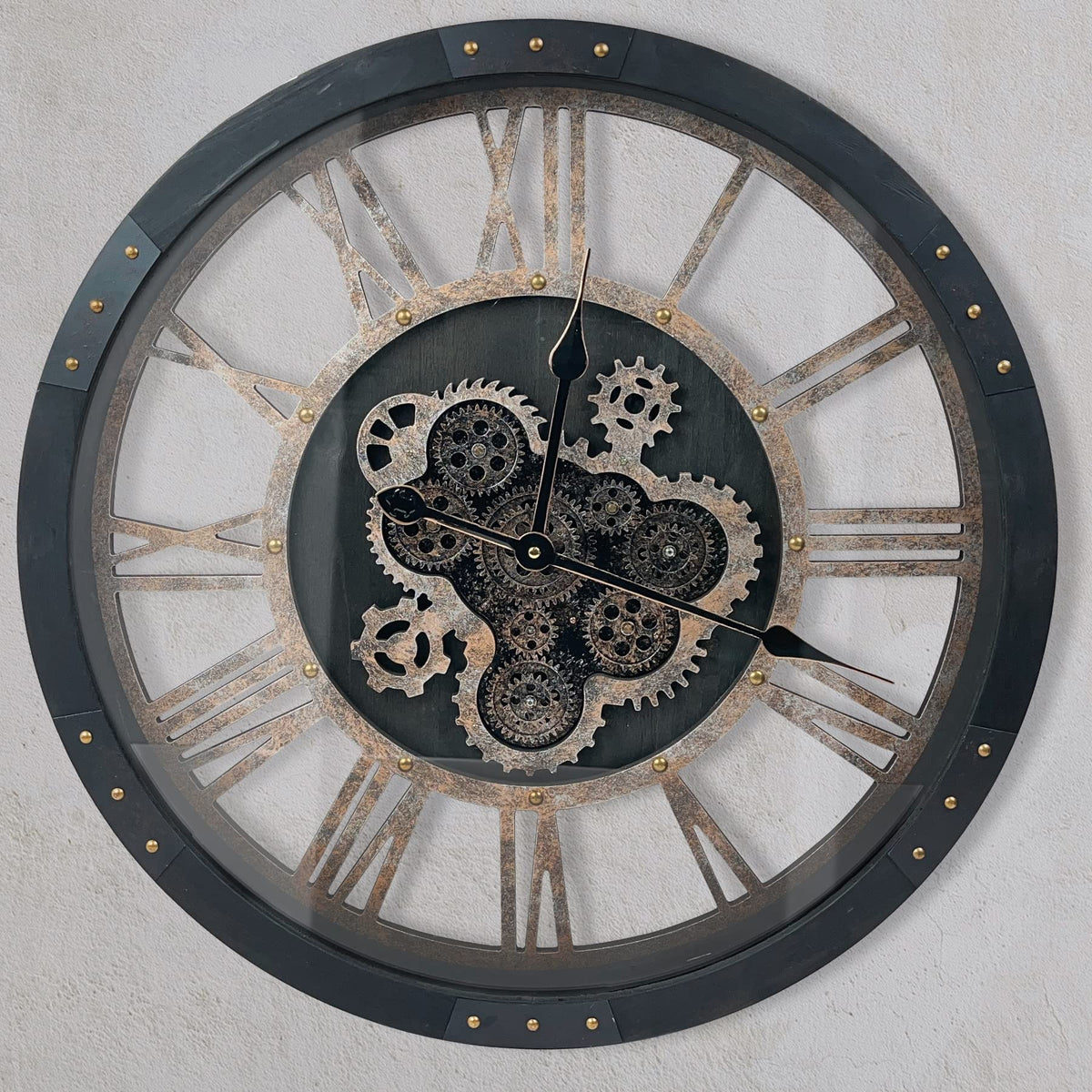 27 inch Large Real Moving Gears Wall Clock with Toughened Glass Cover, Oversized Solid Wood Retro Farmhouse Clock, Giant Decorative Rustic Wall Clock for Living Room Home Kitchen Office (Black)