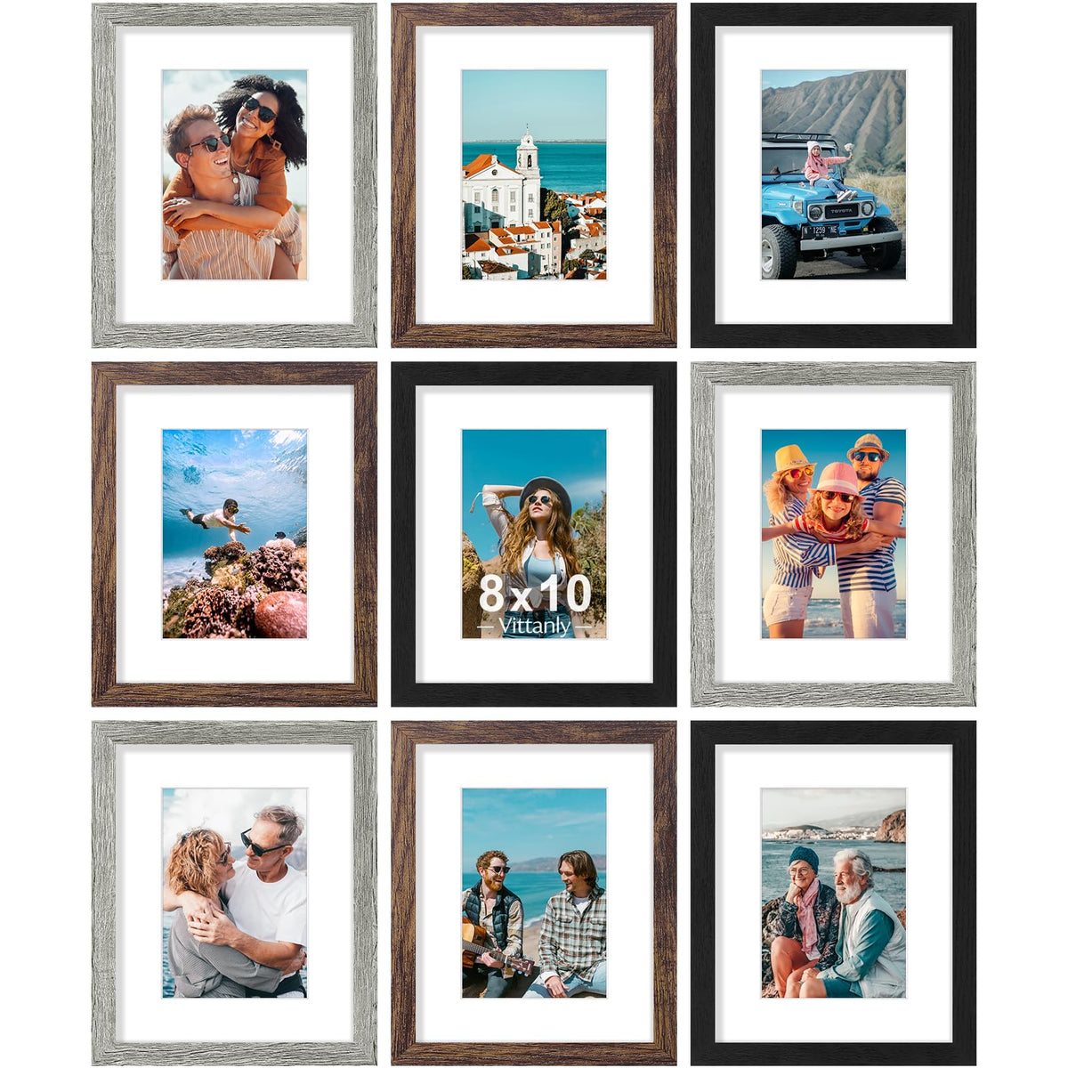 Vittanly 8x10 Picture Frames Set of 9 for Wall or Tabletop Display, Black
