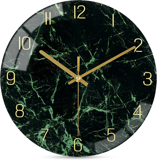 VIKMARI 12inch Emerald Green Abstract Marble Glass Wall Clock Kitchen Decor