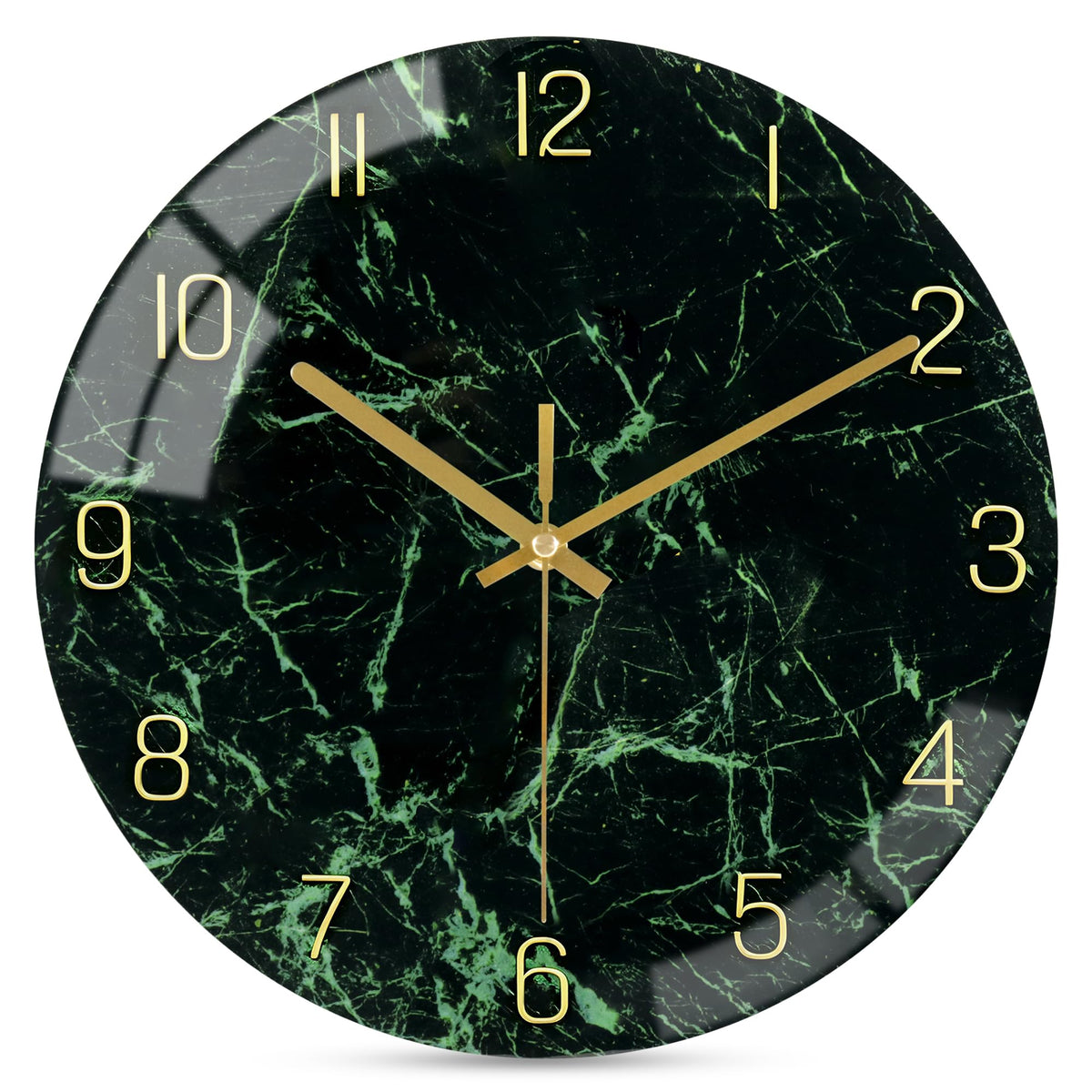 VIKMARI 12inch Emerald Green Abstract Marble Glass Wall Clock Kitchen Decor