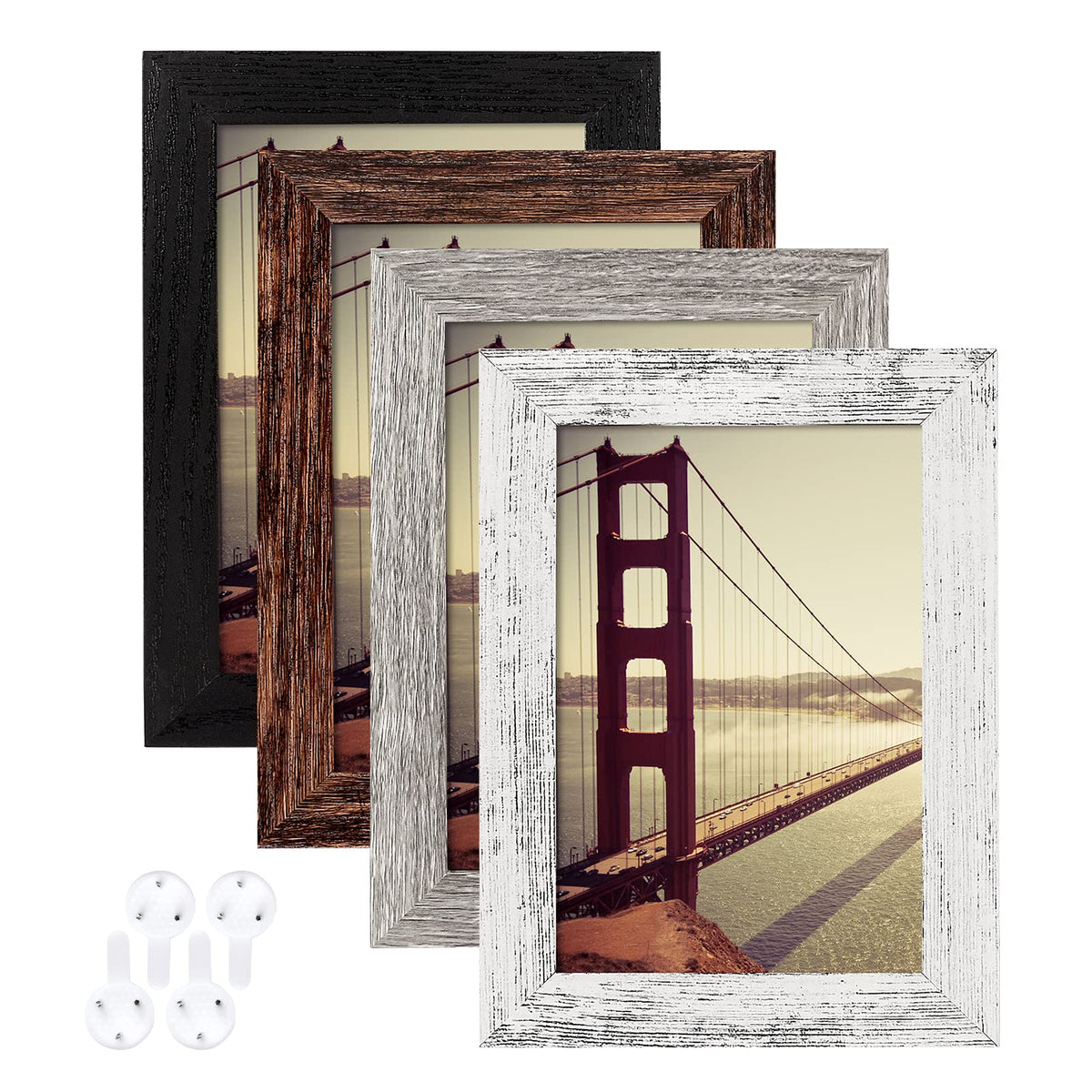BAIJIALI 5x7 Picture Frame Distressed Farmhouse Wood Pattern Set of 4,Display 4x6 with Mat or 5x7 Without Mat,Multicolour