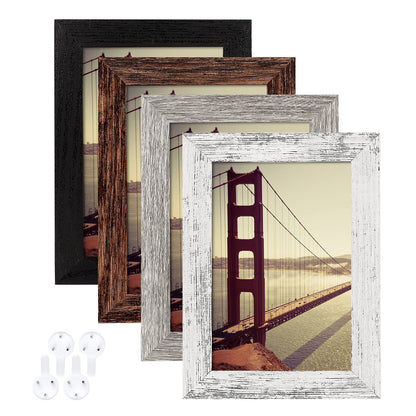 BAIJIALI 5x7 Picture Frame Distressed Farmhouse Wood Pattern Set of 4,Display 4x6 with Mat or 5x7 Without Mat,Multicolour