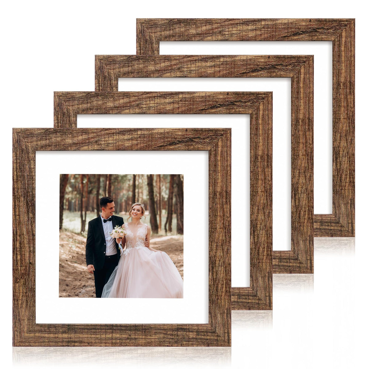 iRahmen 5x7 Picture Frame Set of 4, High Definition Real Glass Rustic Brown Frame, 5 x 7 Wood Photo Frames for Tabletop Display and Wall Mounting