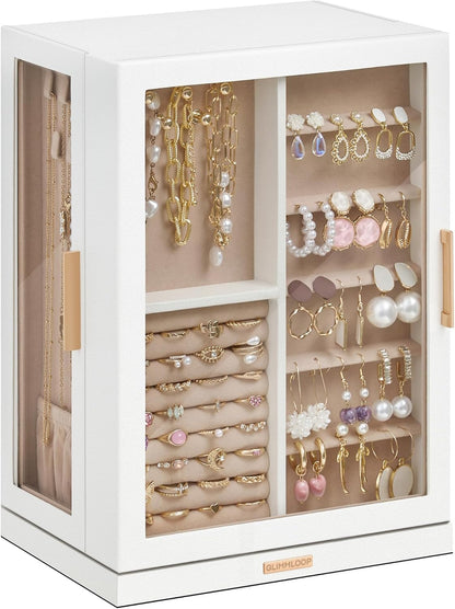 Glimmloop 360° Rotating Jewelry Box with 7 Drawers, Spacious Vertical Jewelry Organizer with Glass Window, Jewelry Storage Case, Dustproof & Moisture-resistant Design, White