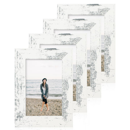 iRahmen 5x7 Picture Frame Set of 4, High Definition Real Glass Rustic Brown Frame, 5 x 7 Wood Photo Frames for Tabletop Display and Wall Mounting