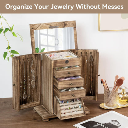Miratino Jewelry Boxes for Women, 5 Layer Large Wooden Jewelry Organizer Box with Lock, Mirror & Drawers, Jewelry Boxes & Organizers for Necklaces Earrings Rings Bracelets (Rustic Brown)
