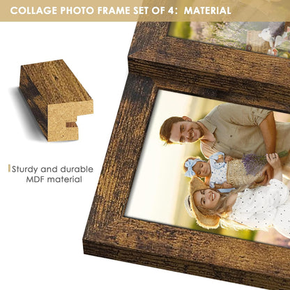DUENPY 4x6 Collage Frame Tempered Glass For 4 4x6 Photos Brown