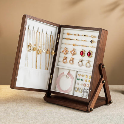 Black Walnut Wooden Jewelry Box for Women, 3 Layer Organizer with Drawer