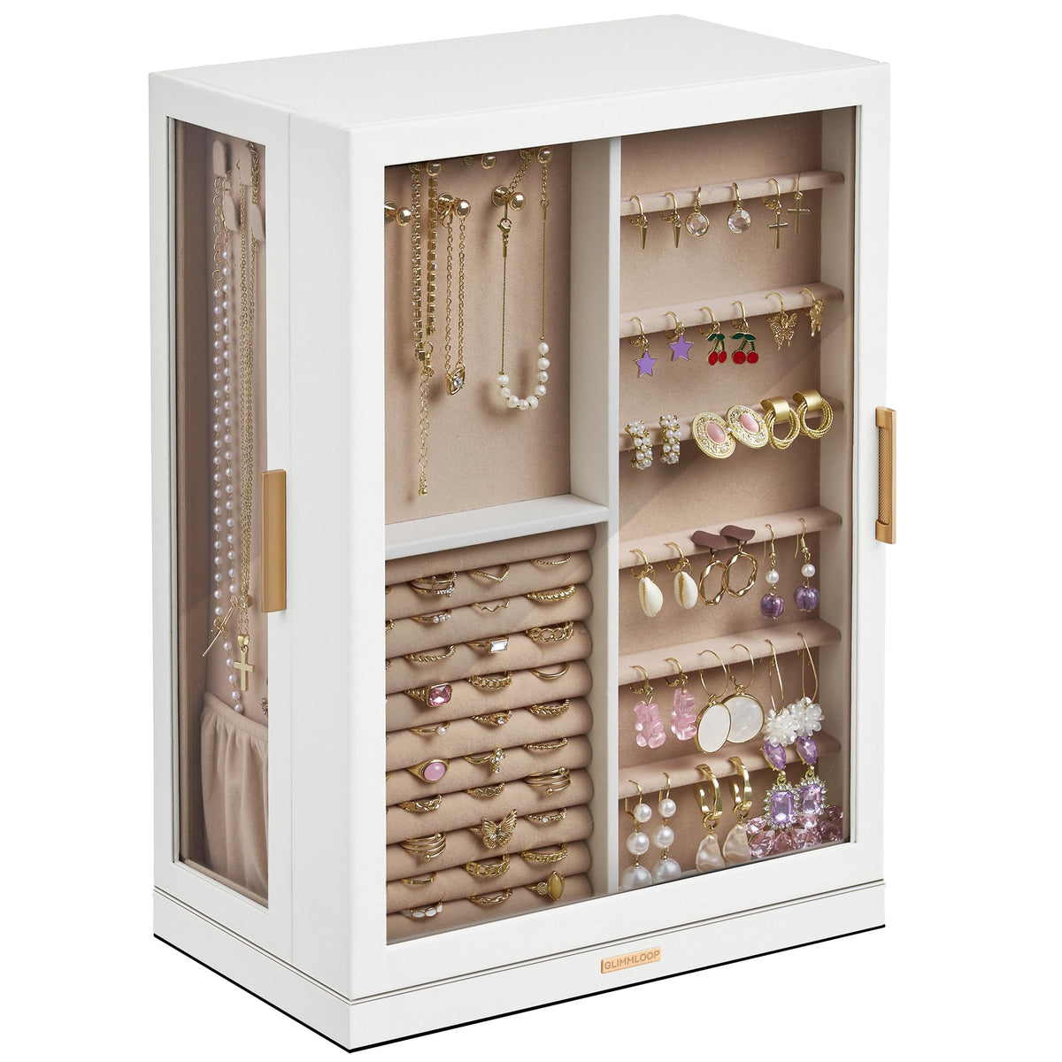 Glimmloop 360° Rotating Jewelry Box with 7 Drawers, Spacious Vertical Jewelry Organizer with Glass Window, Jewelry Storage Case, Dustproof & Moisture-resistant Design, White