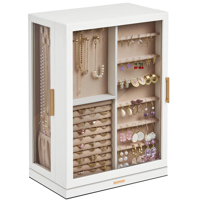 Glimmloop 360° Rotating Jewelry Box with 7 Drawers, Spacious Vertical Jewelry Organizer with Glass Window, Jewelry Storage Case, Dustproof & Moisture-resistant Design, White