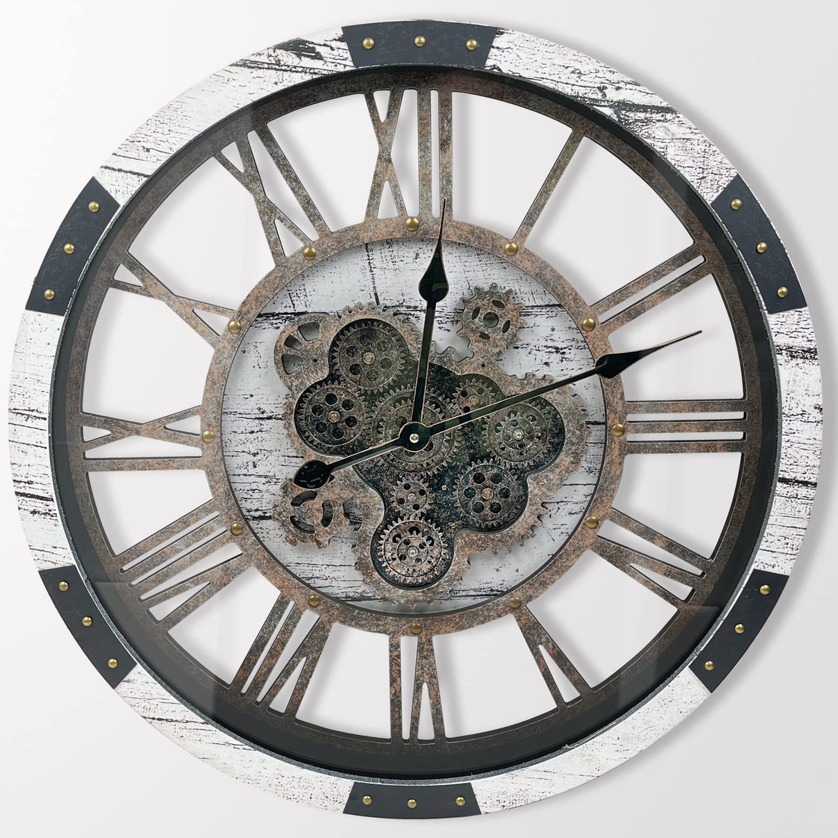 27 inch Large Real Moving Gears Wall Clock with Toughened Glass Cover, Oversized Solid Wood Retro Farmhouse Clock, Giant Decorative Rustic Wall Clock for Living Room Home Kitchen Office (Black)