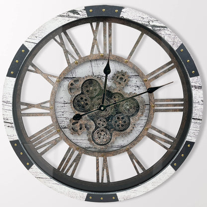 27 inch Large Real Moving Gears Wall Clock with Toughened Glass Cover, Oversized Solid Wood Retro Farmhouse Clock, Giant Decorative Rustic Wall Clock for Living Room Home Kitchen Office (Black)