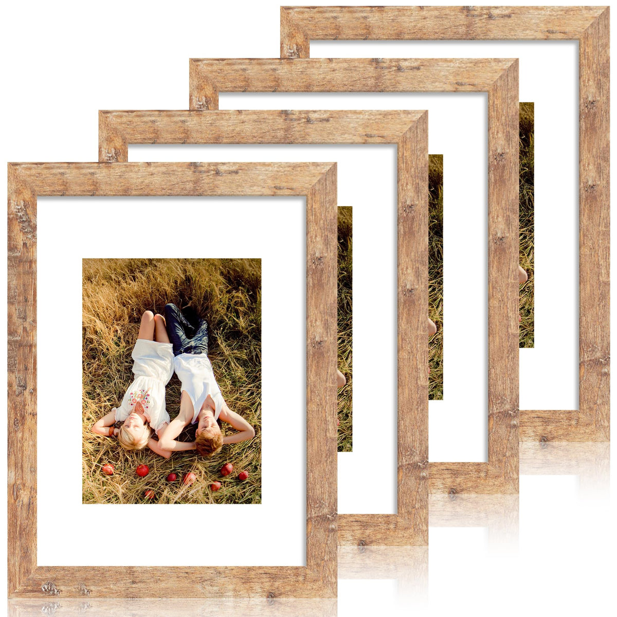 iRahmen 5x7 Picture Frame Set of 4, High Definition Real Glass Rustic Brown Frame, 5 x 7 Wood Photo Frames for Tabletop Display and Wall Mounting