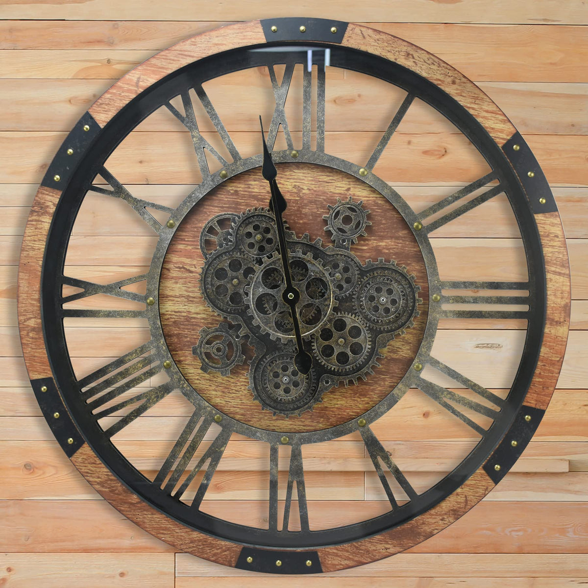 27 inch Large Real Moving Gears Wall Clock with Toughened Glass Cover, Oversized Solid Wood Retro Farmhouse Clock, Giant Decorative Rustic Wall Clock for Living Room Home Kitchen Office (Black)