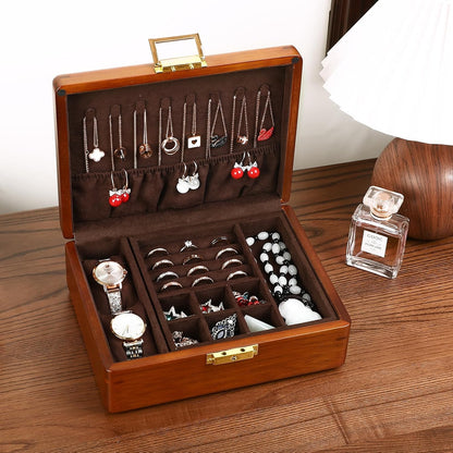 2 Layer Anti Tarnish Solid Wood Jewelry Organizer Box with Lock
