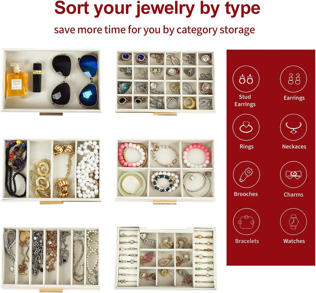 BOOVO Jewelry Boxes for Women, White and Black 6 Layer Large Jewelry Box for Necklace, Bracelet, Earrings, Rings Storage, Jewelry holder Organizer for Girls Gift (Champagne, 6 layer)