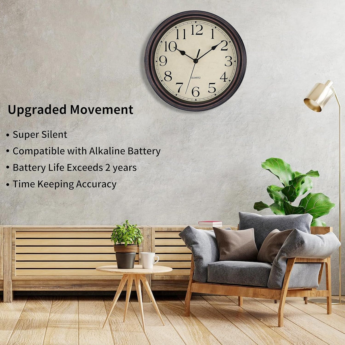Foxtop 12 Inch Retro Wall Clock Round Silent Battery Operated Clock, Bronze