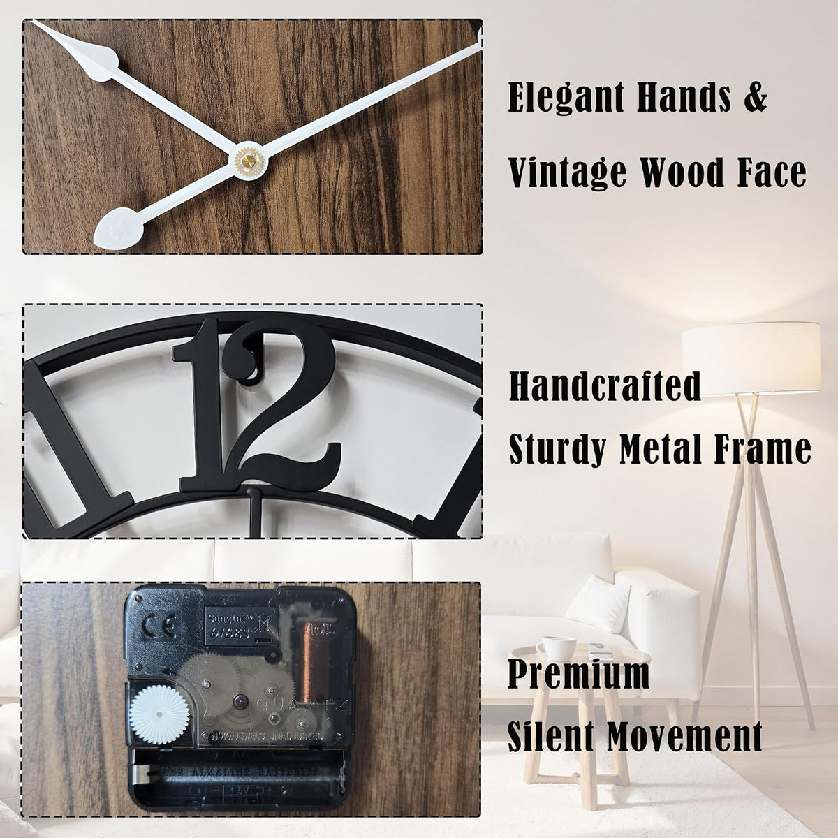 Large Metal Wall Clock, 20 Inch Retro Decorative Silent, Non Ticking, Battery Operated Modern Big Wood Wall Clock for Living Room, Farmhouse, Bedroom, Fireplace, Kitchen, Office, Home Decor