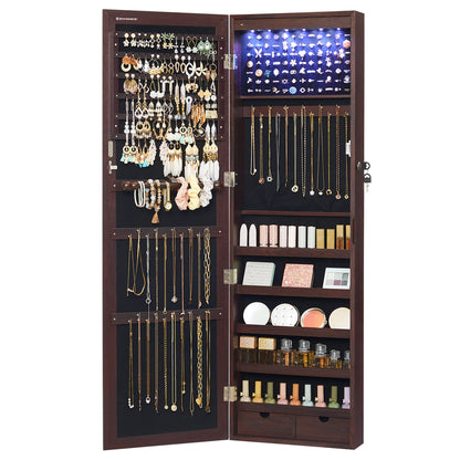 SONGMICS 6 LEDs Mirror Jewelry Cabinet, 47.2-Inch Tall Lockable Wall or Door Mounted Jewelry Armoire Organizer with Mirror, 2 Drawers, 3.9 x 14.6 x 47.2 Inches, White UJJC93W