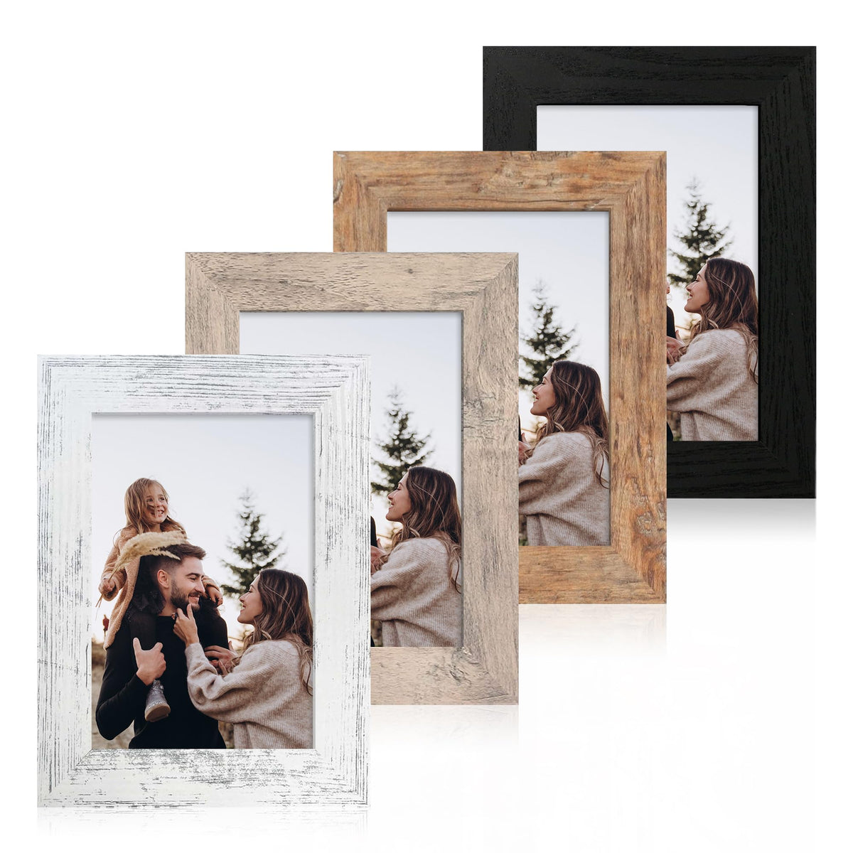 iRahmen 5x7 Picture Frame Set of 4, High Definition Real Glass Rustic Brown Frame, 5 x 7 Wood Photo Frames for Tabletop Display and Wall Mounting