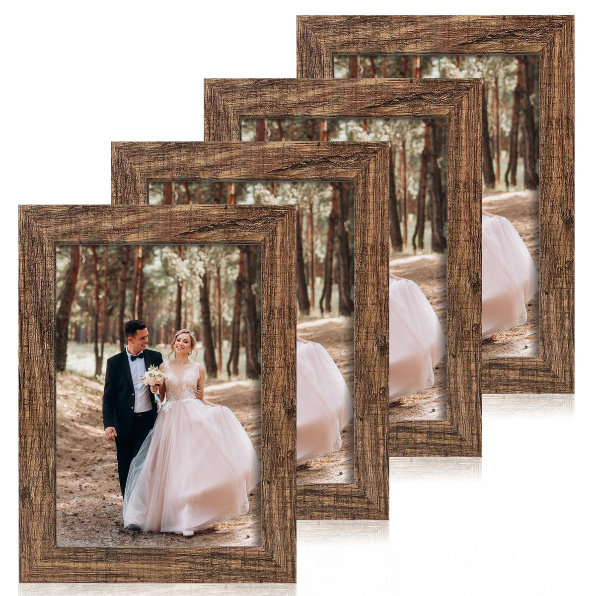 iRahmen 5x7 Picture Frame Set of 4, High Definition Real Glass Rustic Brown Frame, 5 x 7 Wood Photo Frames for Tabletop Display and Wall Mounting