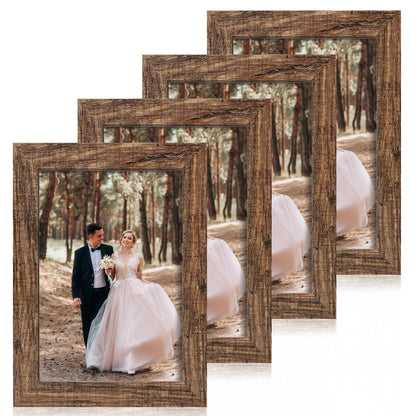 iRahmen 5x7 Picture Frame Set of 4, High Definition Real Glass Rustic Brown Frame, 5 x 7 Wood Photo Frames for Tabletop Display and Wall Mounting