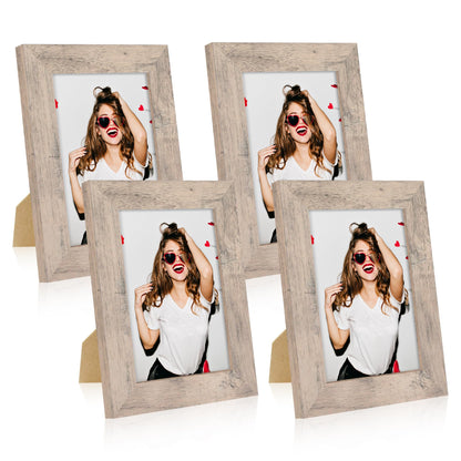 iRahmen 5x7 Picture Frame Set of 4, High Definition Real Glass Rustic Brown Frame, 5 x 7 Wood Photo Frames for Tabletop Display and Wall Mounting