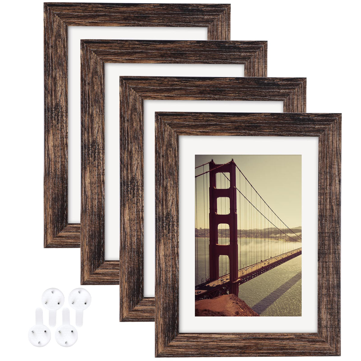 BAIJIALI 5x7 Picture Frame Distressed Farmhouse Wood Pattern Set of 4,Display 4x6 with Mat or 5x7 Without Mat,Multicolour