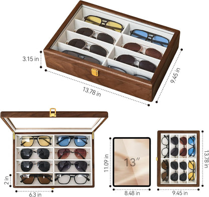 Black Walnut Sunglasses Organizer, 8 Slot Wooden Eyeglass Case for Men