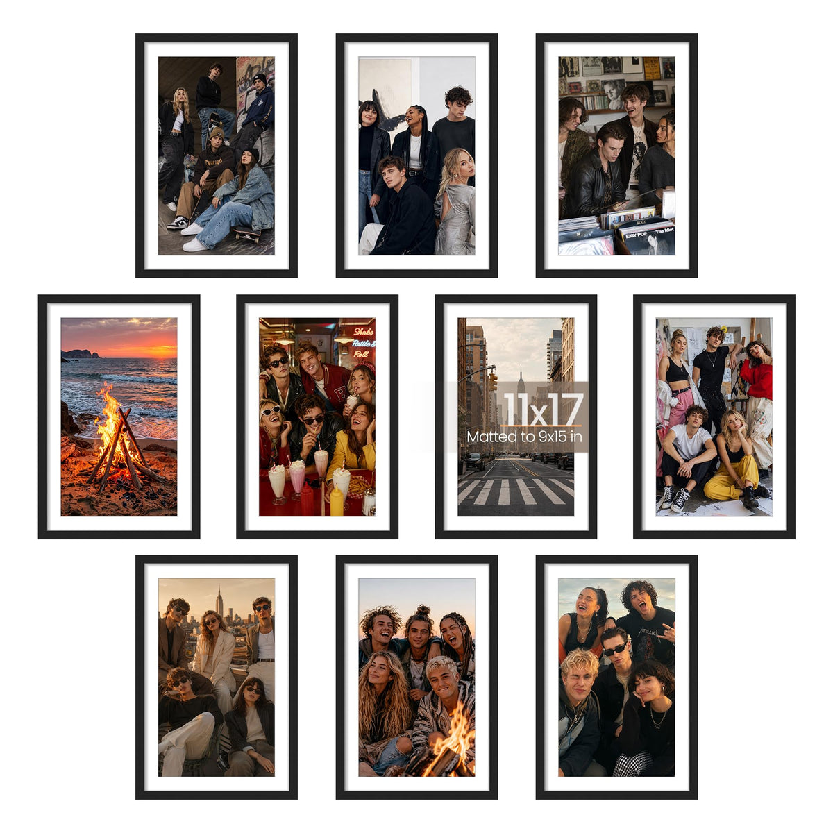 upsimples 8x10 Picture Frame Set of 10, Display Pictures 5x7 with Mat or 8x10 Without, Multi Photo Frames Collage for Wall or Tabletop Display, Black