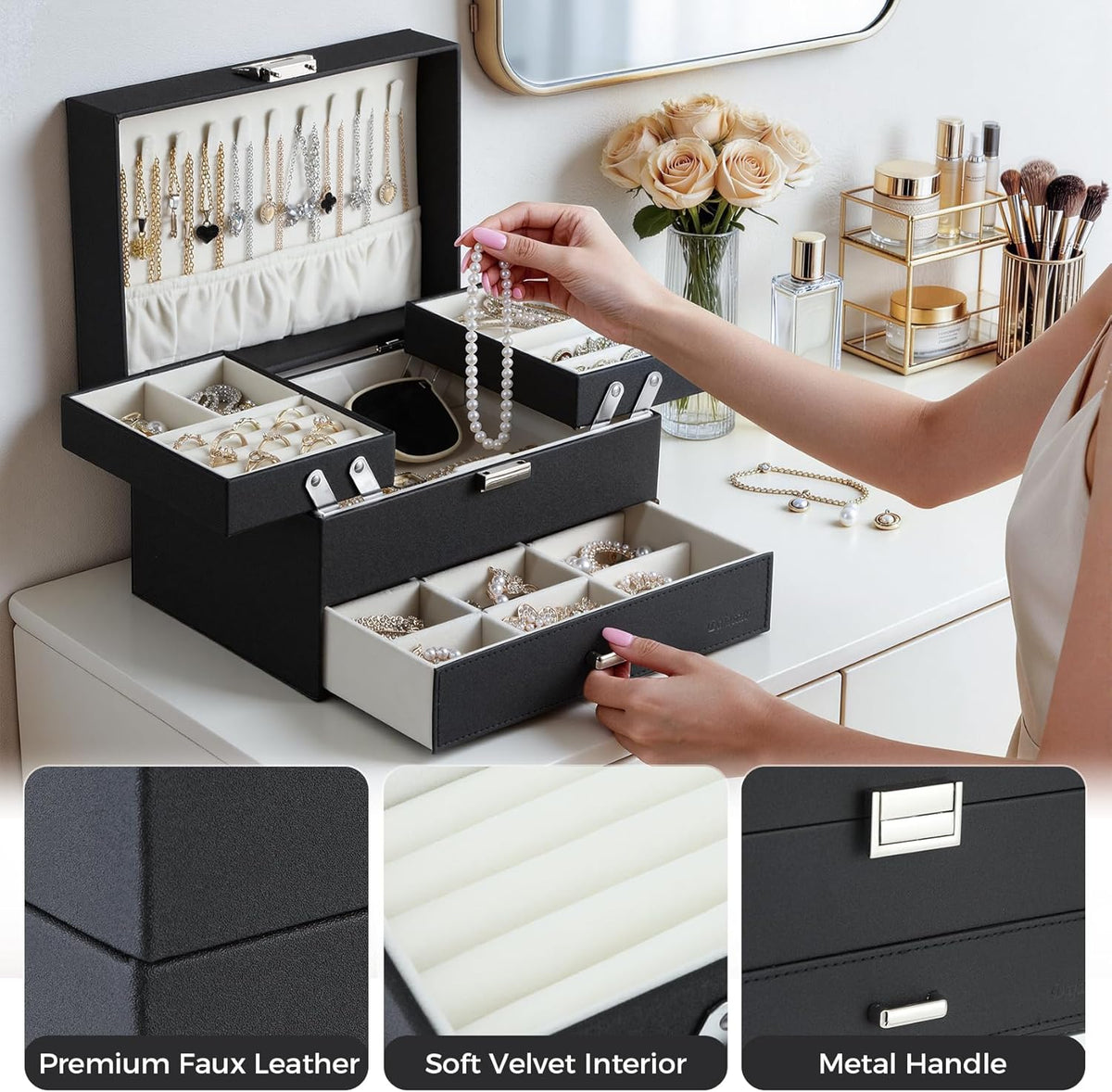 Dajasan Jewelry Organizer Box, Large Jewelry Boxes for Women Girls, Space-Saving 3 Layers Jewelry Storage Case with Drawer, Movable Metal Stand, Modern, Gift Idea (Black)