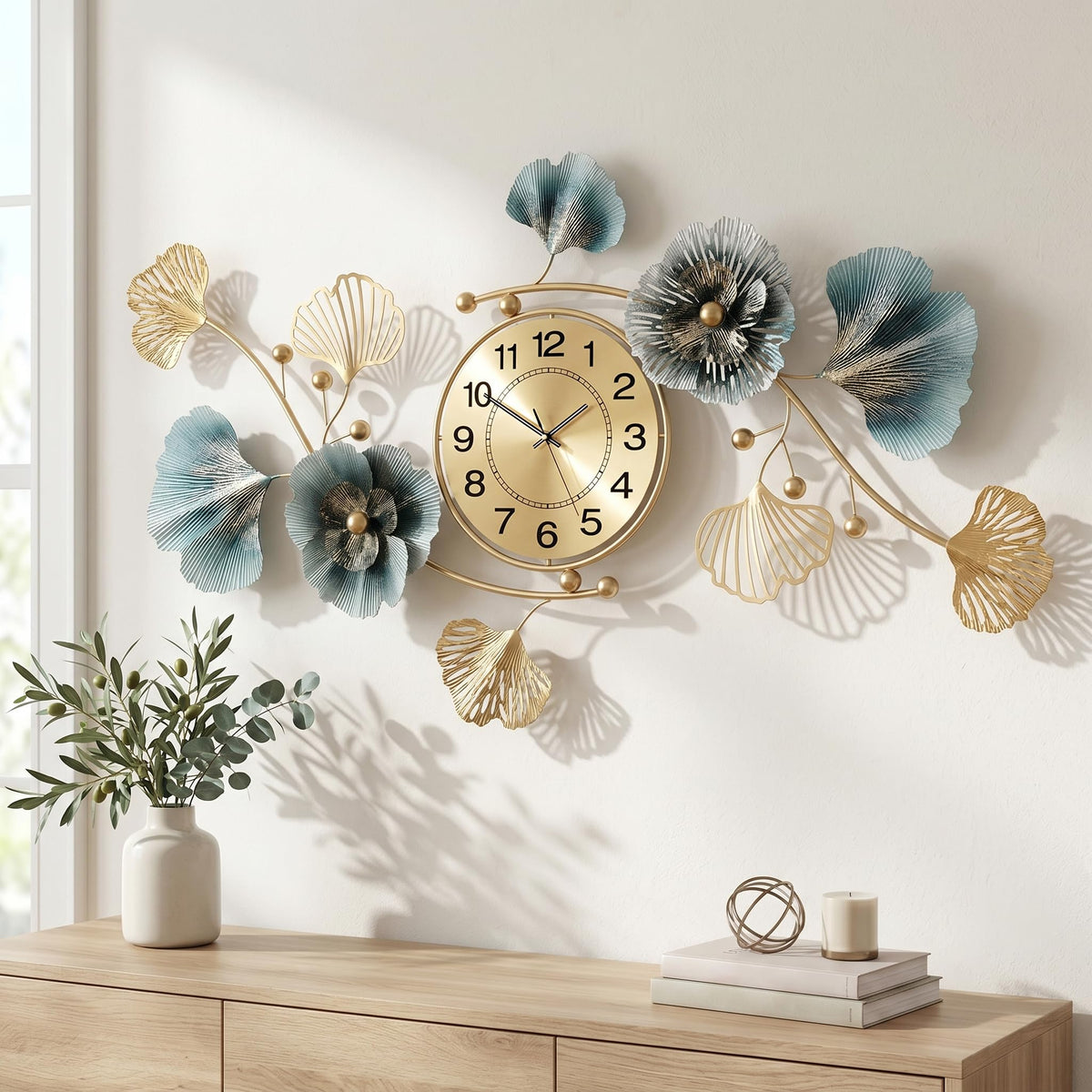 33" 3D Ginkgo Leaf Metal Wall Clock for Home Wall Decor