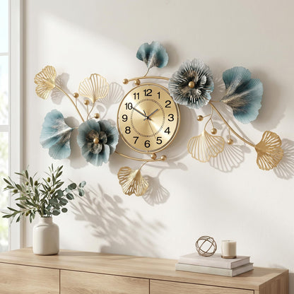 33" 3D Ginkgo Leaf Metal Wall Clock for Home Wall Decor