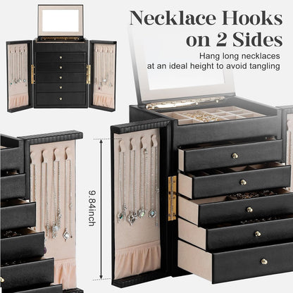 Dajasan Large Jewelry Organizer Box, 6-Tier Jewelry Storage Case with 5 Drawers, Jewelry Boxes for Women Girls with Mirror, Double Door, Textured PU Leather, Gift Idea, Stylish (Black + Gold)