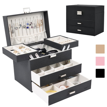 Dajasan Jewelry Organizer Box, Large Jewelry Boxes for Women Girls, Space-Saving 3 Layers Jewelry Storage Case with Drawer, Movable Metal Stand, Modern, Gift Idea (Black)